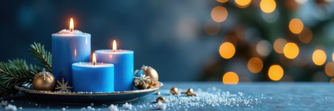 Blue candles, golden snowflakes, bokeh Festive winter holiday scene , year, festive - Powered by Adobe