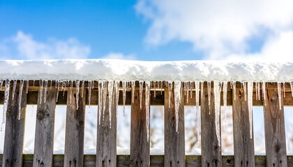 Icicles hang from a snowy wooden fence against a vibrant blue sky.