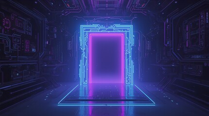 An abstract 3D rendering of a glowing purple portal in a futuristic high-tech room, symbolizing entry into the metaverse or a new digital frontier