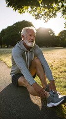 Elderly man stretching park lifestyle photography natural light ground level fitness awareness