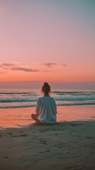 Fototapeta premium Sunset meditation at beach calm ocean outdoor scene tranquil environment serene viewpoint