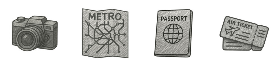 Obraz premium Travel documents and accessories isolated in sketch style