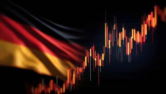 A German flag is flying in front of a stock market chart, representing the global fear and safe asset colors of orange, red, blue, and yellow. 