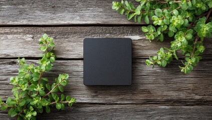 Blank black square object on weathered wooden planks, surrounded by fresh greenery