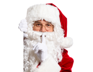 A sneaky Santa Claus peeking out from behind an invisible edge, holding one finger up.