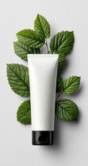 Blank white tube of skincare product surrounded by fresh green leaves on a light gray background