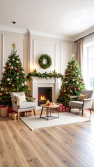 Fototapeta premium Cozy Christmas living room with two decorated trees