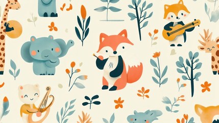 Adorable animal musicians playing instruments amidst floral designs