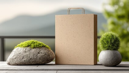 Beige paper shopping bag on wooden table with rocks & plants
