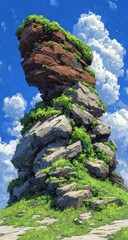 Tall, rocky outcrop, lush vegetation