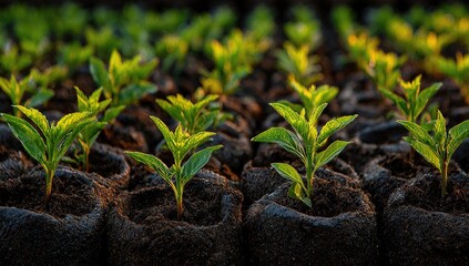 Rows of young plants in dark soil