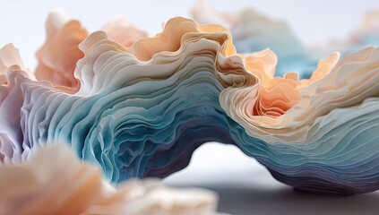 Abstract layered forms in pastel colors.  Soft, undulating shapes with overlapping layers of various pastel shades, creating a sense of depth and texture