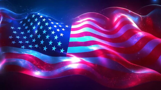 A vibrant American flag gracefully undulates against a backdrop of dynamic light, symbolizing the nation's spirit of liberty and unity.
