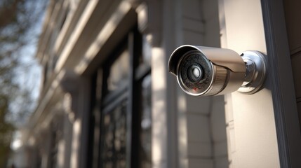 Beautiful photo of mounted outside near modern home entrance, surveillance and monitoring with an ip security cctv hd video camera.