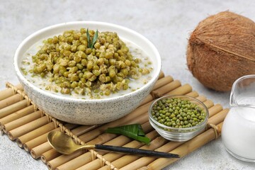 Bubur Kacang Hijau. Mung bean porridge, or often shortened to burjo, is an Indonesian sweet porridge made from green beans, coconut milk, and palm sugar or cane sugar.