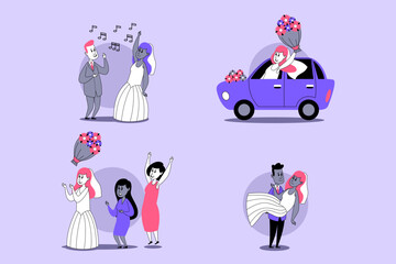 Heartwarming moments of wedding celebration. Guests dancing joyfully, while bride escorted, sharing laughter and love amidst vibrant decorations