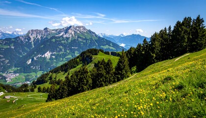 Alpine meadow with mountain view, and summer.