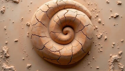 Obraz premium Handcrafted clay spiral design with visible cracks, uneven surface, and natural tones, symbolizing earth, tradition, and handmade artistry.