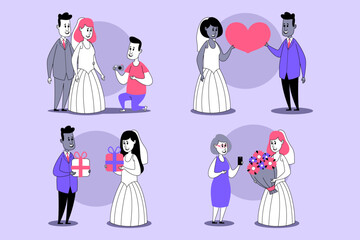 Couples engaged in joyful activities related to marriage, including proposals, gift exchanges, and heartfelt expressions. Love and celebration concept