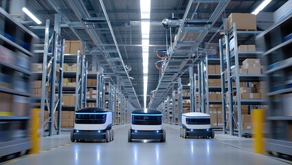 Autonomous robots navigating a modern warehouse aisle