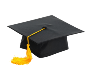 Black Graduation Cap with Yellow Tassel Isolated on White Background PNG