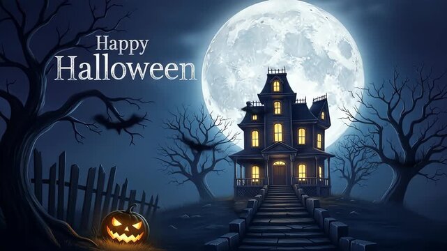 Spooky Halloween scene with haunted house, glowing jack-o'-lantern, and full moon against a dark, atmospheric backdrop, ideal for holiday projects - Powered by Adobe
