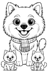 Fluffy Dog Family Cartoon Line Art Illustration with Puppies – Cute Black and White Coloring Page for Kids