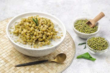 Bubur Kacang Hijau. Mung bean porridge, or often shortened to burjo, is an Indonesian sweet porridge made from green beans, coconut milk, and palm sugar or cane sugar.