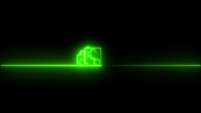 Neon ambulance medical van glowing vehicle icon animation on black background 