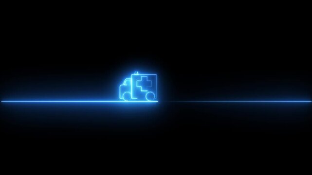 Neon ambulance medical van glowing vehicle icon animation on black background 