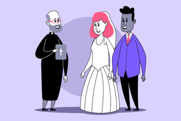 Couple standing before officiant during marriage ceremony. Bride, wearing white gown, smiling while groom, in suit, engaging in moment of celebration with officiant