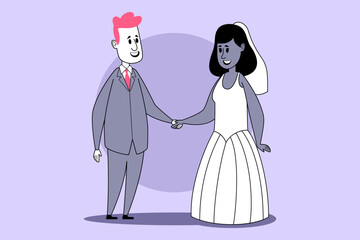 Joyful couple standing together, holding hands in beautiful wedding ceremony. Bride wearing white dress and veil, while groom wearing grey suit, both smiling warmly