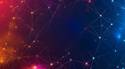 The image features a network of interconnected nodes and lines against a gradient background, blending warm red tones on the left with cool blue hues on the right.