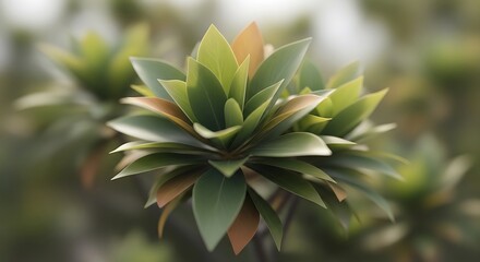 Intricate symmetrical foliage pattern of an evergreen plant with smooth green and bronze leaves against soft bokeh