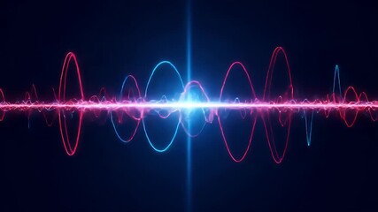 Abstract digital visualization of energy waves, with neon colors. Vertical light beam present - Powered by Adobe