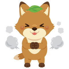 Obraz premium 頭に葉っぱを乗せて化けようとするキツネのキャラクターイラスト