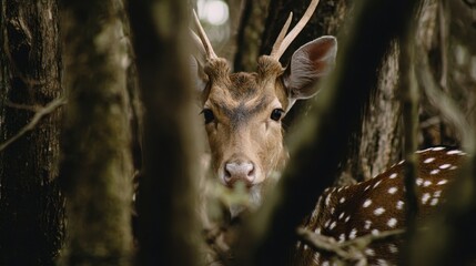 Obraz premium A gentle deer peeks through the dense forest canopy, its spotted coat a striking contrast against the muted tones of the trees.