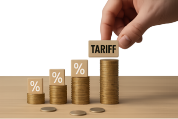 Hand placing a wooden block with the word tariff on top of a rising stack of coins symbolizing economic growth and financial investment isolated on transparent background