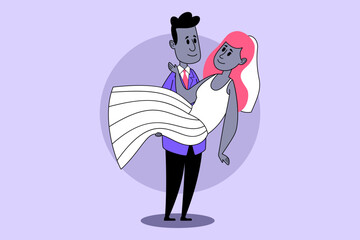 Couple expressing happiness after their wedding ceremony. Man holding woman, showcasing love and excitement. People dressed elegantly, embodying spirit of joyful marriage