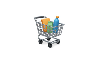 A miniature metal shopping cart filled with colorful grocery items including a blue bottle a green package and an orange box isolated on transparent background