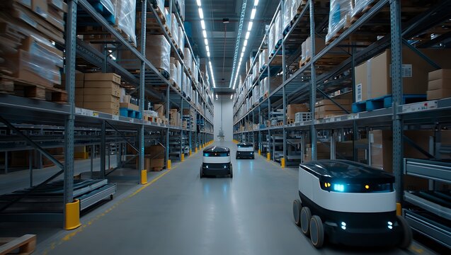 Automated robots navigating a modern warehouse aisle