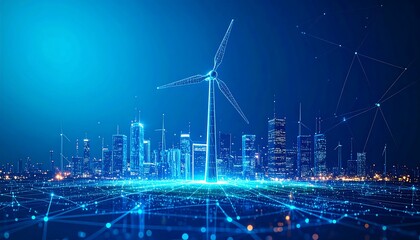 A nighttime cityscape illuminated by a network of interconnected points, showcasing a wind turbine and illuminated skyscrapers, conveys a futuristic and sustainable vision of urban energy.