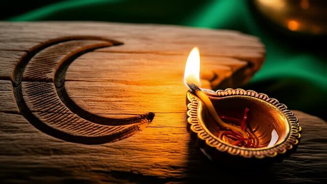 Glowing brass diya lamp illuminates a wooden crescent moon symbol celebrating indian eid milad un nabi with spiritual warmth and traditional devotion mawlid maulid