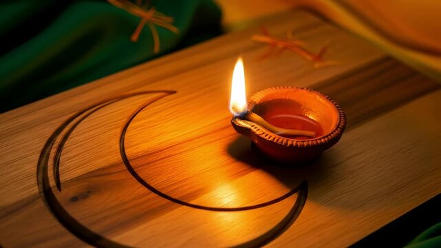 Glowing diya with crescent moon symbol on wood for indian eid milad un nabi celebration representing peace and faith