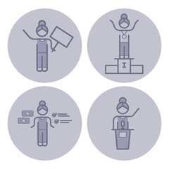 Collection of line icons depicting women engaging in multiple activities such as protests, sports, business presentations, and community work. Empowerment and participation concept