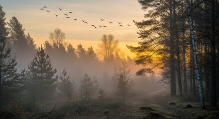 Fototapeta premium Birds Flying Over Misty Forest at Sunset with Golden Hues and Trees