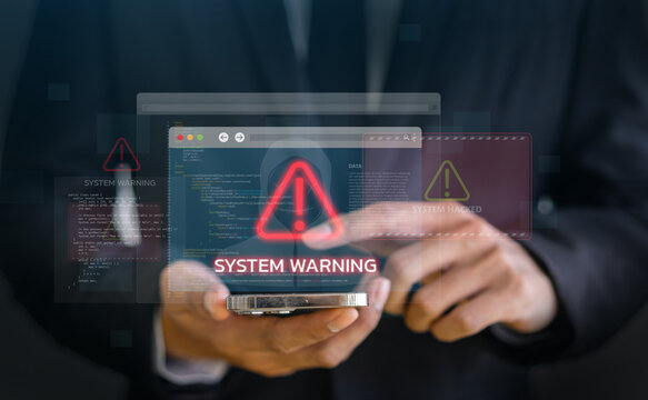 Cybersecurity threat and system warning with people, alert for malware, hacker attacks, data breach prevention, antivirus and firewall protection in digital security systems and IT infrastructure