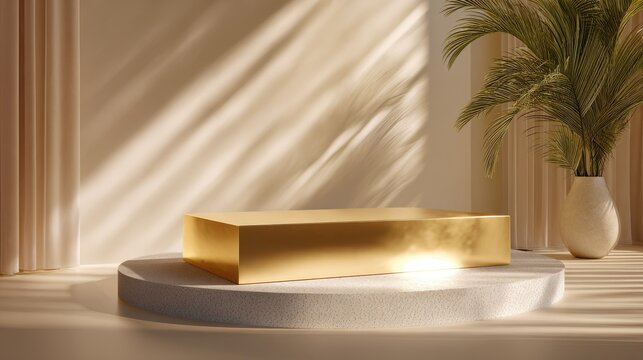 Stylish golden platform with subtle spotlight and soft ambient shadows, upscale product presentation design.