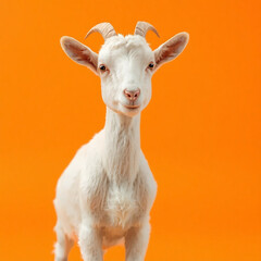 Obraz premium Charming White Goat Portrait Captivating Animal Photography with a Warm Orange Backdrop and Playful Horns