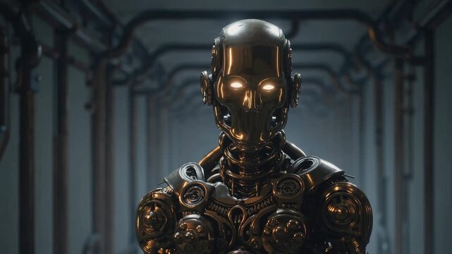 Futuristic robot in a dimly lit corridor, captured from a low angle. The metallic design and glowing eyes evoke a sci-fi video game atmosphere.